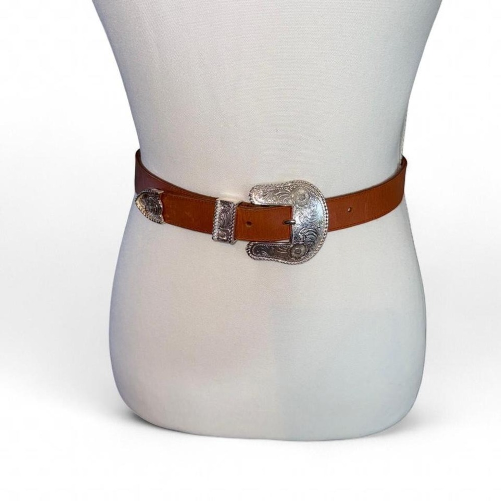 WESTERN BROWN LEATHER BELT W/SILVER‎ BUCKLE LADIES SMALL BY PARTNERS